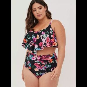 Torrid Swim 1X/2X Black Floral Ruffle Flounce Bikini Swimsuit Top & Bottom Set